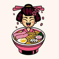 süß Chibi Geisha Maskottchen Nudel Ramen Logo vektor