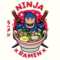 Ninja Krieger Karikatur Maskottchen Essen Ramen Nudel japanisch Wort meint Ramen vektor