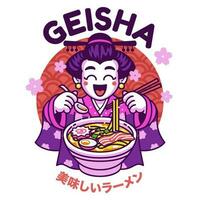 geisha söt tecknad serie maskot äter Ramen nudel med japansk text betyder utsökt Ramen vektor