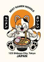 Katze von Japan Maskottchen Essen das Ramen Nudel und japanisch Wörter bedeuten Ramen und köstlich vektor