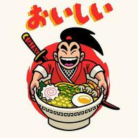 samuraj tecknad serie maskot äter Ramen nudel japansk ord betyder utsökt vektor