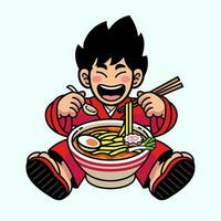 glad japansk pojke äter Ramen nudel vektor