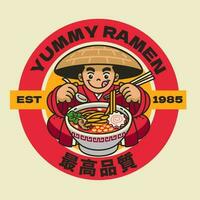 traditionell japanisch Karikatur Charakter von Ramen Nudel Logo mit japanisch Text bedeuten Beste Qualität vektor