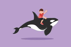 Karikatur eben Stil Zeichnung Mut wenig Junge Reiten Orca. bezaubernd Kinder Sitzung auf zurück Wal Mörder im tief Zoo Schwimmen Schwimmbad. Wal Mörder oder Orca im tief Wasser. Grafik Design Vektor Illustration