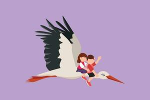 karaktär platt teckning av Lycklig liten pojke och flicka flygande med stork tillsammans. barn flyga och Sammanträde på tillbaka stork fågel på himmel. barn inlärning till rida söt stork. tecknad serie design vektor illustration