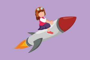 Karikatur eben Stil Zeichnung Clever wenig Mädchen ist Sitzung auf fliegend Rakete. Vorschule Kind auf Erfolg. Kinder Sitzung auf Rakete. zurück zu Schule. lehrreich Metapher. Grafik Design Vektor Illustration