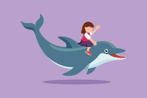 karaktär platt teckning förtjusande liten flicka ridning delfin. modig barn Sammanträde på tillbaka delfin i simning slå samman. Lycklig barn med söt delfin simning i vatten. tecknad serie design vektor illustration