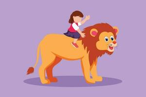 karaktär platt teckning Lycklig liten flicka ridning lejon på Zoo. förtjusande barn Sammanträde på tillbaka stor lejon på cirkus händelse. modig söt barn inlärning till rida fä djur. tecknad serie design vektor illustration