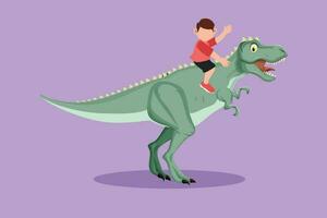 Grafik eben Design Zeichnung Mut wenig Junge Höhlenmensch Reiten T-Rex Tyrannosaurus. heiter Kinder Sitzung auf zurück von Dinosaurier. Stein Alter Kinder. uralt Mensch Leben. Karikatur Stil Vektor Illustration