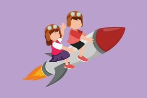 Karikatur eben Stil Zeichnung glücklich wenig Junge und Mädchen Sitzung auf fliegend Rakete. Vorschule Kinder Erfolg auf studieren. Kinder Sitzung auf Rakete. lehrreich Metapher. Grafik Design Vektor Illustration