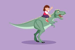 Karikatur eben Stil Zeichnung Mut wenig Mädchen Höhlenmensch Reiten T-Rex Tyrannosaurus. heiter Kinder Sitzung auf zurück von Dinosaurier. Stein Alter Kinder. uralt Mensch Leben. Grafik Design Vektor Illustration
