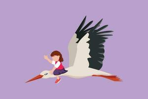 Karikatur eben Stil Zeichnung ziemlich wenig Mädchen fliegend mit Storch. heiter Kind fliegen und Sitzung auf zurück Storch Vogel beim Himmel. bezaubernd Kinder Lernen zu Reiten süß Storch. Grafik Design Vektor Illustration