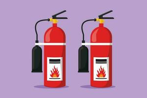 Karikatur eben Stil Zeichnung stilisiert rot Feuer Feuerlöscher Schutz mit Düse Logo Etikette Symbol Symbol. tragbar Feuer Löschen Ausrüstung von Feuer Abteilung. Grafik Design Vektor Illustration