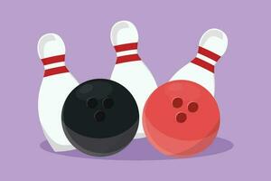 tecknad serie platt stil teckning bowling boll och stift. bowling sport spel Utrustning. boll kraschar stift. bowling stift fodrad upp på körfält. håller på med sport hobby på fritid tid. grafisk design vektor illustration