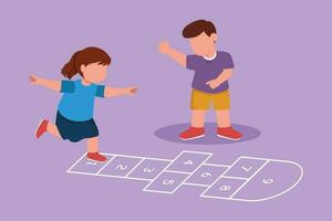 Grafik eben Design Zeichnung von wenig Mädchen und Junge spielen Hopse beim Kindergarten Hof. glücklich Kinder Hüpfen beim Schule Spielplatz. hop Scotch Gericht gezeichnet mit Kreide. Karikatur Stil Vektor Illustration