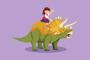 Karikatur eben Stil Zeichnung Mut wenig Mädchen Höhlenmensch Reiten Triceratops. bezaubernd Kinder Sitzung auf zurück von Dinosaurier. Stein Alter Kinder spielen. uralt Mensch Leben. Grafik Design Vektor Illustration