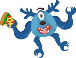 heiter einer Augen Karikatur Monster- halten Pizza Scheibe eben Symbol. vektor