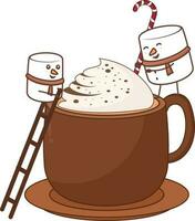 klättrande marshmallow tecknad serie på kakao kopp med stege och godis sockerrör element i platt stil. vektor