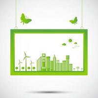 ekologi och miljökoncept jord symbol med gröna blad runt städer hjälper världen med miljövänliga idéer vektor