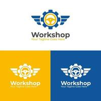 redskap logotyp grafisk design med vingar och styrning hjul inuti. verkstad logotyp, motorcykel klubb, logotyp bricka vektor