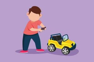 Karikatur eben Stil Zeichnung glücklich wenig Junge spielen mit Fernbedienung kontrolliert aus Straße Wagen. heiter Kinder spielen mit elektronisch Spielzeug Auto mit Fernbedienung Steuerung im Hände. Grafik Design Vektor Illustration
