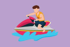 Karikatur eben Stil Zeichnung von aktiv wenig Junge Reiten Jet Ski beim Strand. glücklich lächelnd Kind mit Fahrten Wasser Roller auf Ozean Wellen. Sommer- Meer Wasser Sport Konzept. Grafik Design Vektor Illustration