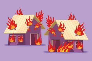 Grafik eben Design Zeichnung von Verbrennung Haus Symbol, Logo. Flamme im heim. Haus Gebäude im Flammen. Versicherung Symbol von finanziell Sicherheit, Sicherheit, Schaden, Unfall. Karikatur Stil Vektor Illustration