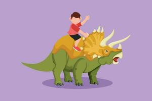 Karikatur eben Stil Zeichnung Mut wenig Junge Höhlenmensch Reiten Triceratops. bezaubernd Kinder Sitzung auf zurück von Dinosaurier. Stein Alter Kinder spielen. uralt Mensch Leben. Grafik Design Vektor Illustration