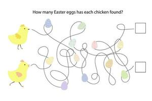 Ostern Eier, Hühner lehrreich Spiel, Puzzle, einfach Labyrinth, Kindergarten Schule Frühling Urlaub Aktivität, Wie viele Eier hat jeder Hähnchen gefunden Matze Spiel vektor
