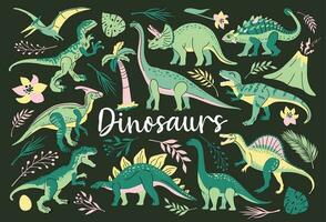 uppsättning av söt ljus dinosaurier Inklusive t Rex, brontosaurus, triceratops, velociraptor, pteranodon, allosaurus, etc. isolerat på mörk med grön växter trend illustration för unge vektor