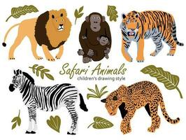 Vektor Illustration von süß wild Safari afrikanisch Tiere. einschließlich , Löwe, Leopard, Zebra, Tiger, Affe mit Jungtier komisch Karikatur Gekritzel Zeichen im skandinavisch Stil. Kinder