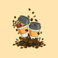 illustration av två papper koppar på en lugg av kaffe bönor fylld med svart kaffe på en beige bakgrund vektor