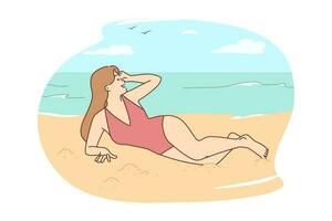 glücklich sexy jung Frau im Badeanzug Lügen auf Strand auf Sommer- Urlaub. lächelnd Mädchen im Bikini entspannend auf Strand während Sommer. Vektor Illustration.