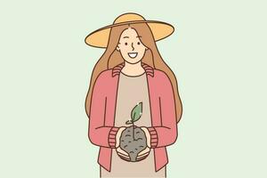 lächelnd jung Frau halten Boden mit Sämling im Hände. glücklich Mädchen mit Boden und Pflanze Pflege von Natur Erhaltung. Gartenarbeit und Gartenbau. Vektor Illustration.