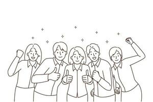 Gruppe von lächelnd Geschäftsleute zeigen Daumen oben feiern geteilt Geschäft Erfolg. glücklich Arbeit Mannschaft Jubel genießen gut Job Ergebnisse. Vektor Illustration. Zusammenarbeit.
