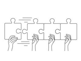 Menschen Hände mit bunt Puzzle Rätsel verbinden Stücke zusammen. Kollegen beschäftigt, verlobt im Teambildung Aktivität. Zusammenarbeit Konzept. Vektor Illustration.