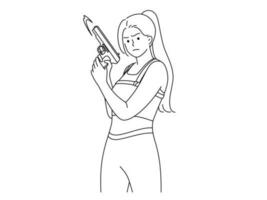 stark kvinna i enhetlig innehav pistol i händer. avgörande kvinna med hagelgevär visa kraft och styrka. vektor illustration.