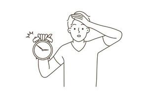 frustrerad ung man håll klocka visa timme orolig handla om missade deadline. förvirrad kille angelägen handla om tid klickar. tid förvaltning. vektor illustration.
