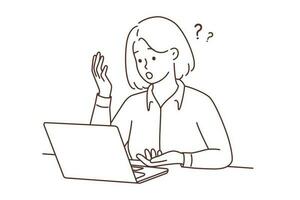 frustriert Frau aussehen beim Laptop Bildschirm schockiert mit online Problem. unzufrieden weiblich verwirrt mit unerwartet Benachrichtigung auf Computer. Vektor Illustration.