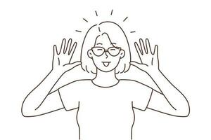 leende ung kvinna i solglasögon göra rolig ansikte uttryck. Lycklig flicka ha roligt som visar hand gest. vektor illustration.