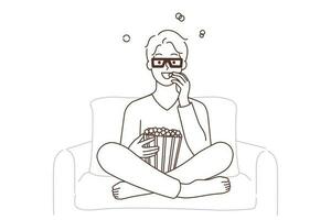 glücklich jung Mann im 3d Brille Aufpassen Film Essen Popcorn. lächelnd Kerl mit Snack genießen Film im Zuhause Theater. Unterhaltung Konzept. Vektor Illustration.