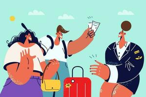 glücklich Paar Reisende geben Tickets Stewardess aufgeregt Über Reise. lächelnd Menschen mit Koffer im Flughafen bereit zu Reise. Tourismus Konzept. Vektor Illustration.