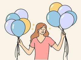 lächelnd Mädchen halten Luft Luftballons im Hände. glücklich Frau mit Luftballons Haufen feiern oder Gruß mit Geburtstag. Vektor Illustration.