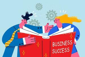 Lycklig affärsmän läsa enorm bok handla om företag Framgång tillsammans. leende man och kvinna kollegor tror av delad mål prestation. lagarbete begrepp. platt vektor illustration.