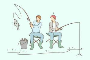 män Sammanträde på flod Bank fiske. kille frustrerad med vän fisk fånga. fiskare hobby utomhus. vektor illustration.