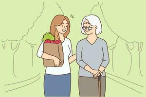 glücklich jung Frau mit Lebensmittelgeschäft Tasche Hilfe Alten Oma. lächelnd Pflege Mädchen helfen Senior Oma draußen. Vektor Illustration.