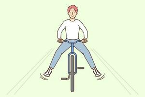 überglücklich jung Mann Reiten Fahrrad draußen. lächelnd Kerl haben Spaß genießen Fahrrad Reiten auf Straße. Wochenende Aktivität außen. Vektor Illustration.