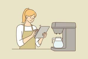glücklich jung weiblich Kellnerin im Café nehmen bestellen auf Pad. lächelnd Frau Barista Arbeit auf Tablette im Cafe. gut Qualität Service. Vektor Illustration.