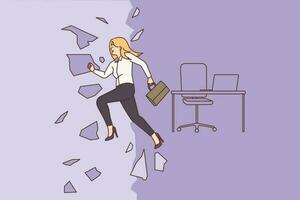 Lycklig ung affärskvinna ha sönder vägg sluta hat kontor jobb. motiverad leende kvinna anställd springa från företag sysselsättning uppsättning fri. vektor illustration.