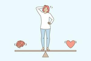 förvirrad kvinna stående på skalor tänkande mellan hjärna och hjärta. frustrerad flicka göra beslut bland anledning och känsla. känslor och logik. vektor illustration.